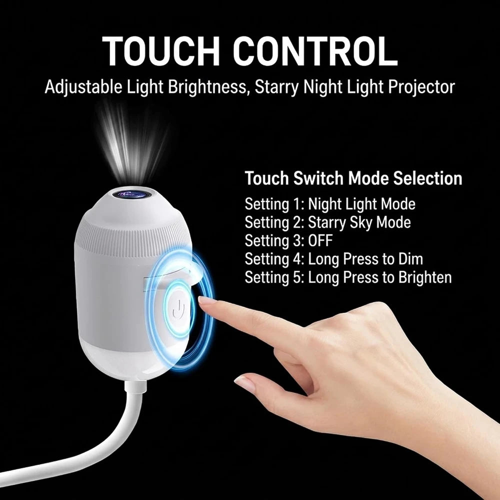 A hand touches the control panel of a white adjustable light projector night light device.