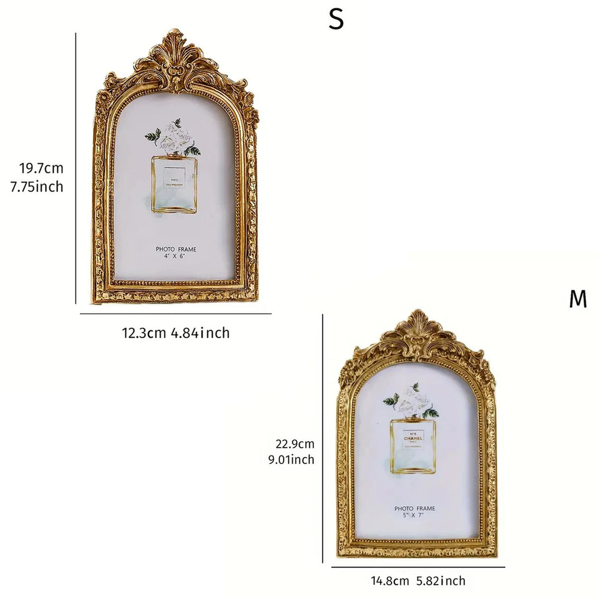A vintage gold-framed resin photo frame with a white background and floral accent, shown in small and medium sizes.
