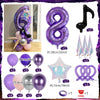 A set of purple and silver balloons, including a column, star shape, and rings, for a music theme birthday celebration.