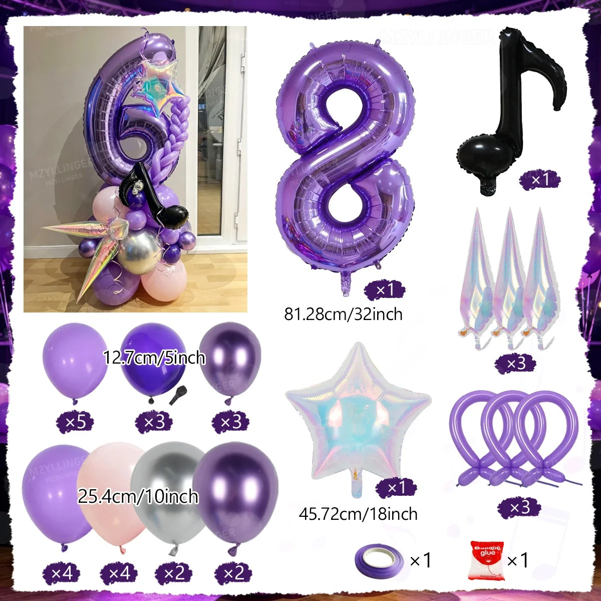 A set of purple and silver balloons, including a column, star shape, and rings, for a music theme birthday celebration.