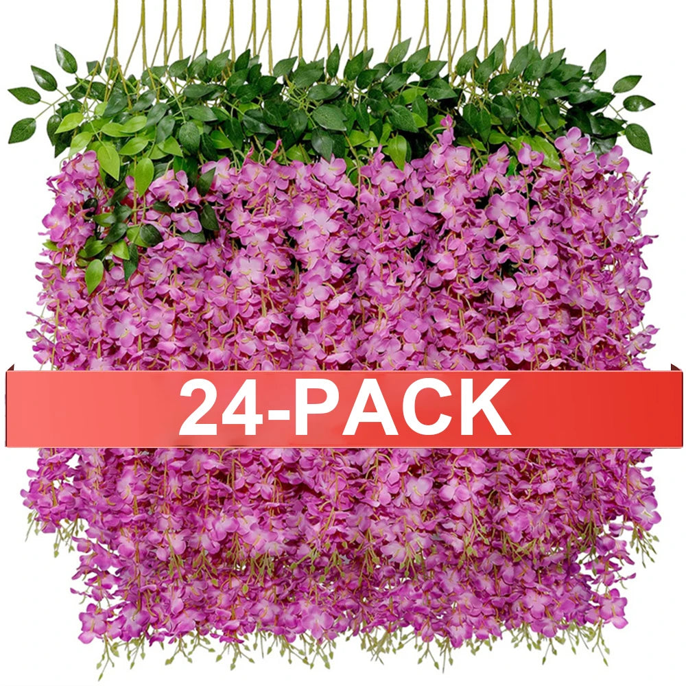 Un paquet de 24 guirlandes de fleurs de wisteria artificielles roses et violettes.