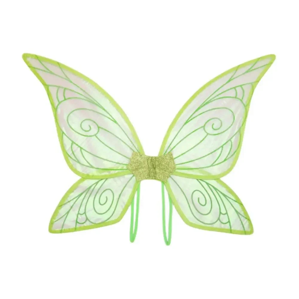 A pair of light green, iridescent fairy wings with swirling patterns.