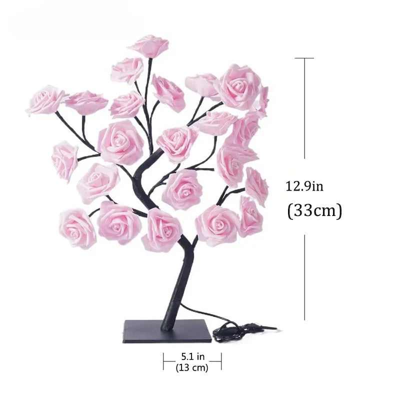Lampe de table LED noire avec rose et roses roses sur pied.