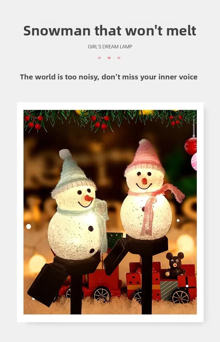 A festive snowman made of lights standing outdoors in a snowy setting.