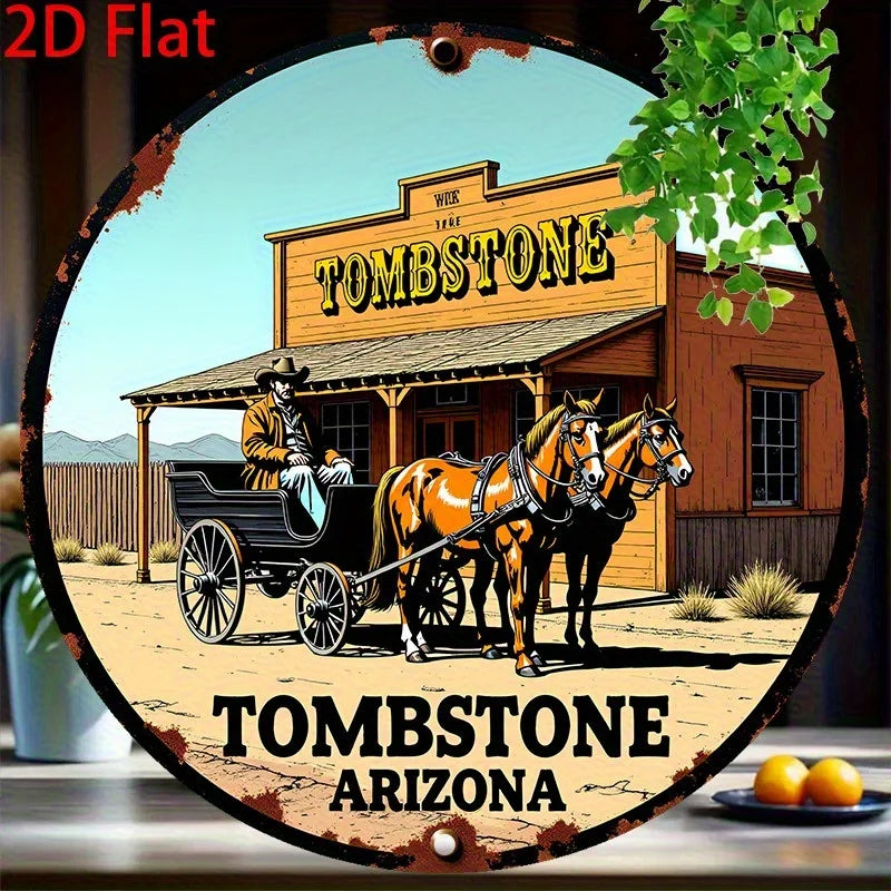Vintage western sign featuring a wooden tombstone building and a horse-drawn wagon in an Arizona setting.
