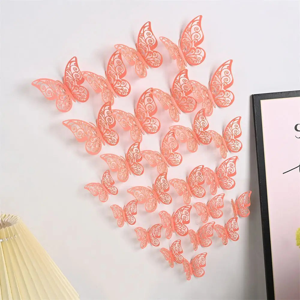 A set of pink 3D hollow butterfly wall decals arranged in a decorative pattern.