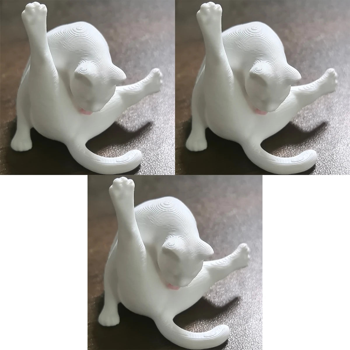 Tres vistas de una figura de gato impresa en 3D de color blanco, mostrando su perfil lateral y detalle.