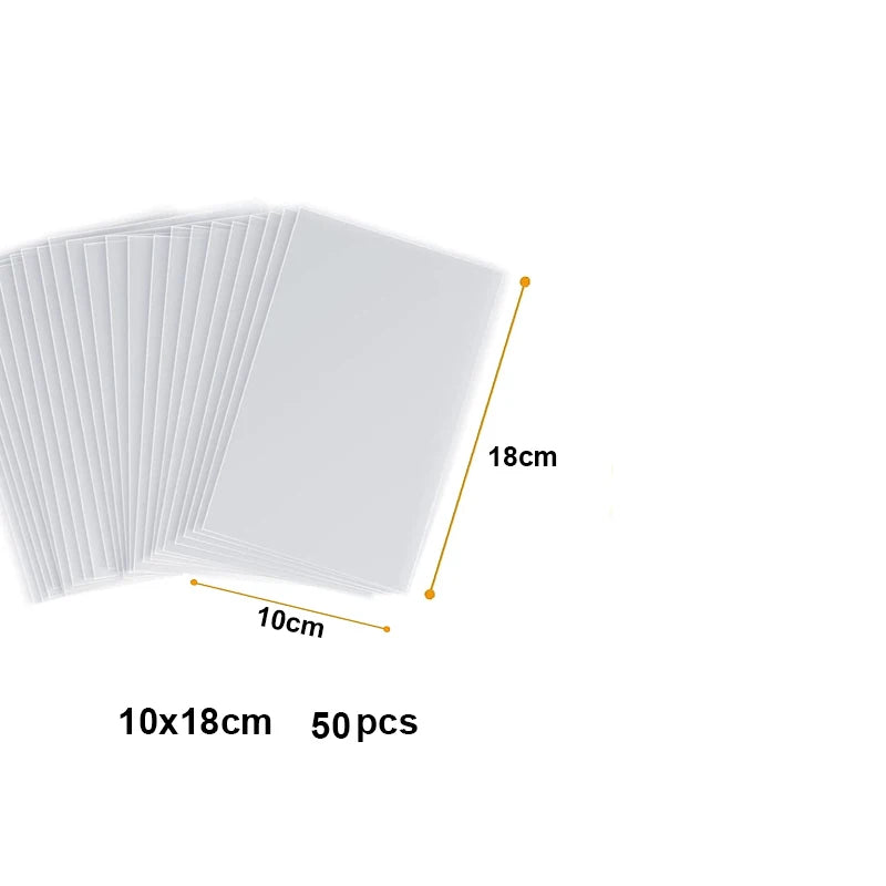 A stack of 50 clear cellophane treat bags measuring 10cm by 18cm with wire ties.