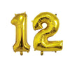 Two gold foil number balloons, 1 and 2, for birthday party decor.