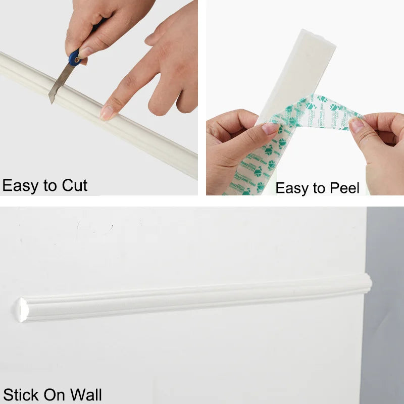 Demonstration of self-adhesive EVA wall trim strips showing how to cut, peel, and stick molding for home decor