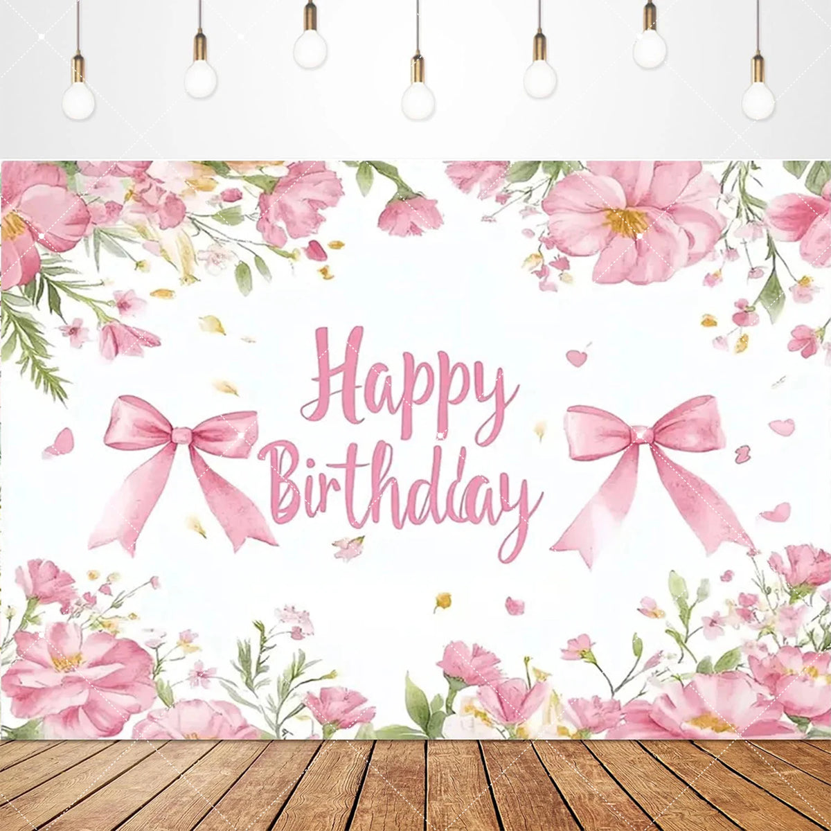 A floral pink birthday backdrop featuring delicate flowers and bows on a white background.