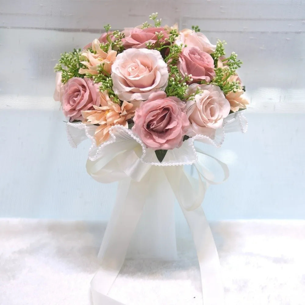 Elegant Silk Rose Bridal Bouquet with Baby's Breath