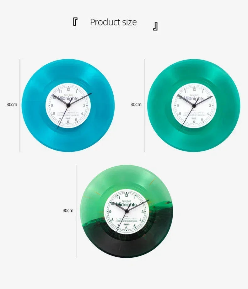 Three versions of a vintage vinyl record wall clock with transparent covers in blue, green, and dark green.