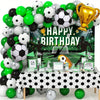 A balloon arch kit for a football birthday party featuring black, white, and green balloons arranged on a table.