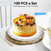 A tiered cake decorated with fresh fruit served on a silver embossed charger plate.