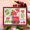 A red postage stamp featuring a red rose design and the text LOVE ALWAYS for a DIY scrapbooking set.