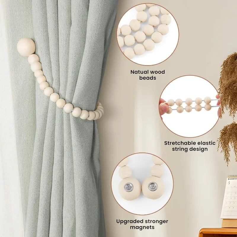 Close-up view of magnetic wooden bead curtain tiebacks showing natural wood beads and elastic string design