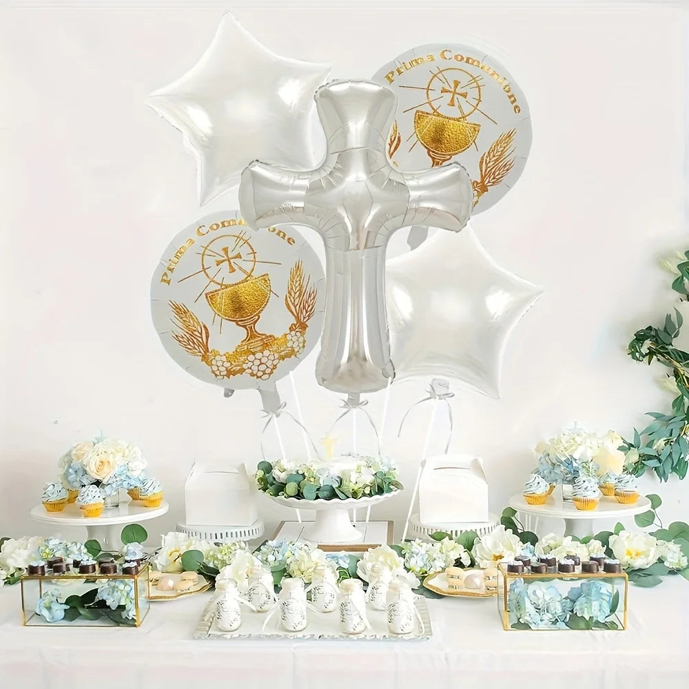 Globos de papel metálico plateado con forma de cruces y estrellas para celebraciones de bautizo y crismación
