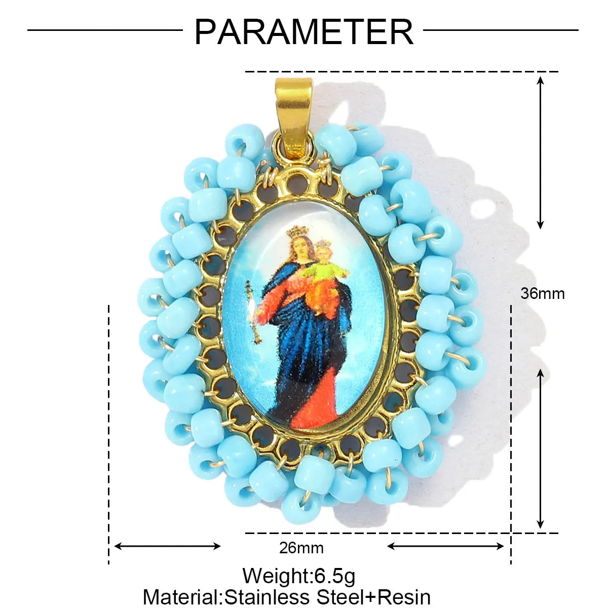 A gold-colored pendant featuring a painting of the Virgin Mary surrounded by blue beads and set on a chain.