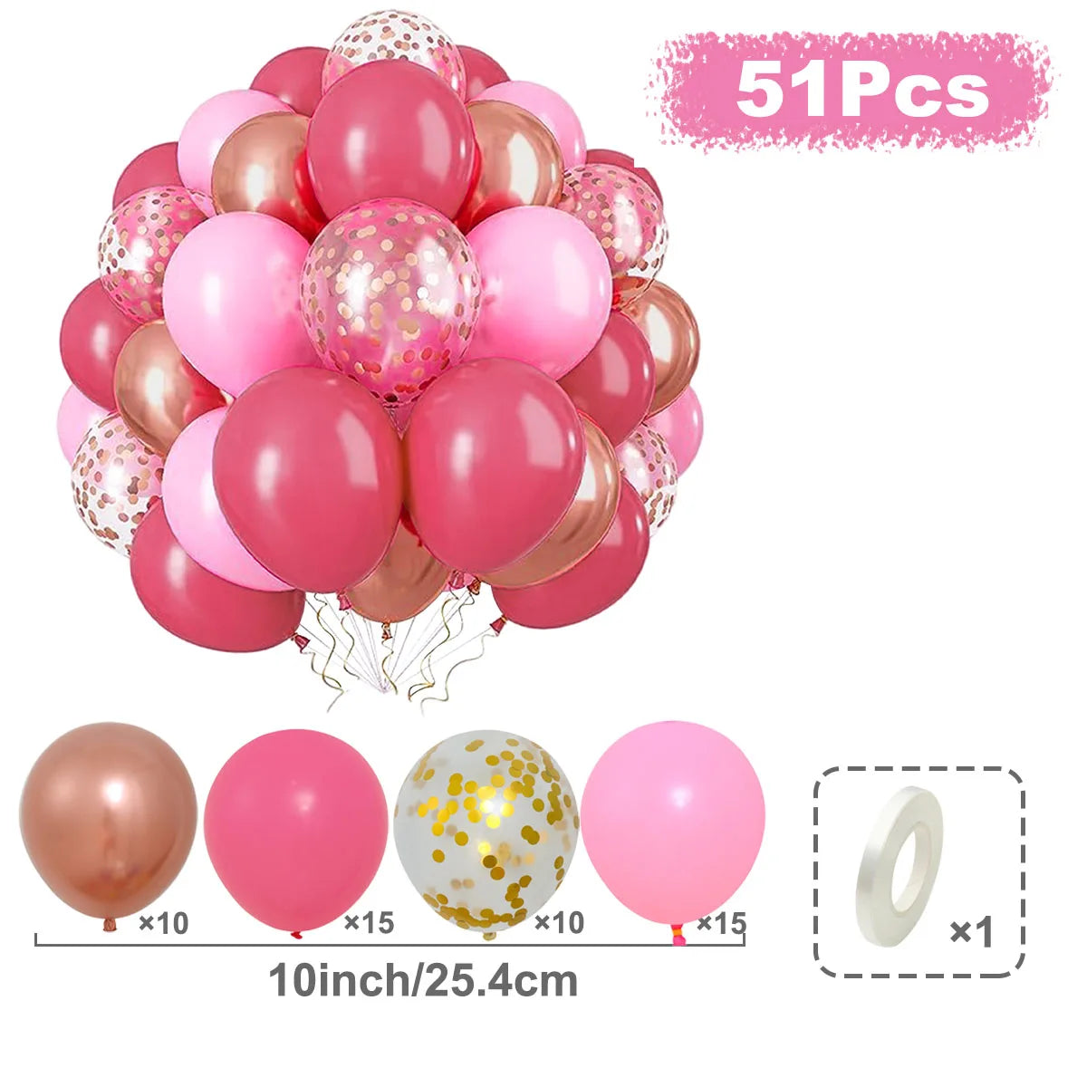 A bunch of 51 metallic pink and gold confetti balloons for party decor, including a balloon ring.