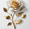 Arte floral de rosa dorada y blanca en pared, con una gran floración y delicadas hojas