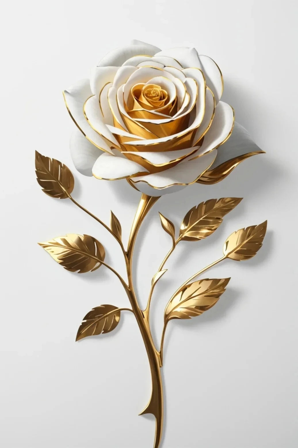 Arte floral de rosa dorada y blanca en pared, con una gran floración y delicadas hojas