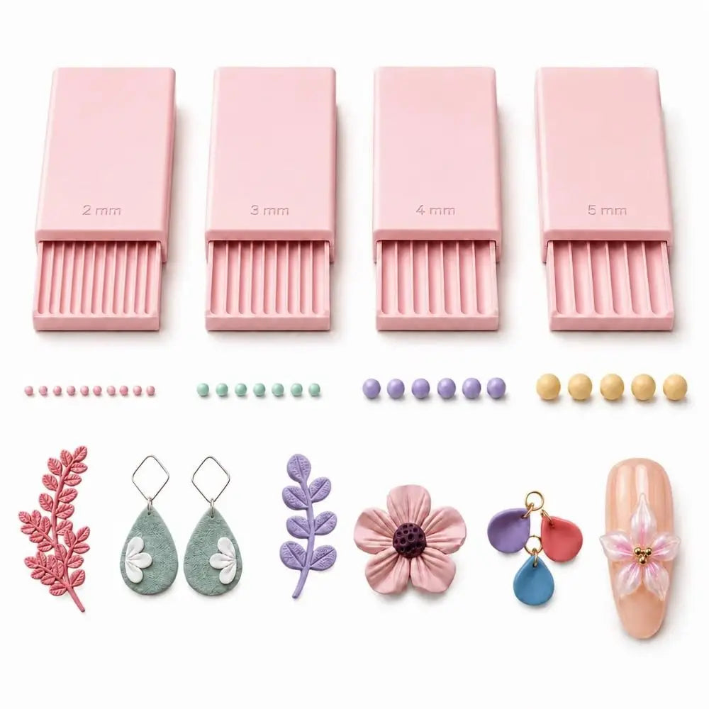 A set of pink precision clay bead rollers with varying diameters and various colored clay beads.