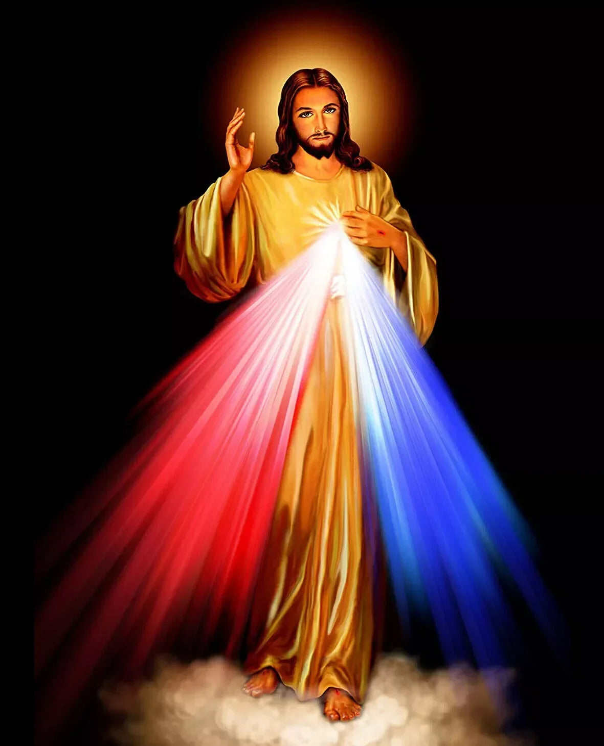 A painting of Divine Mercy Jesus with rays of light emanating from his hands against a dark background.
