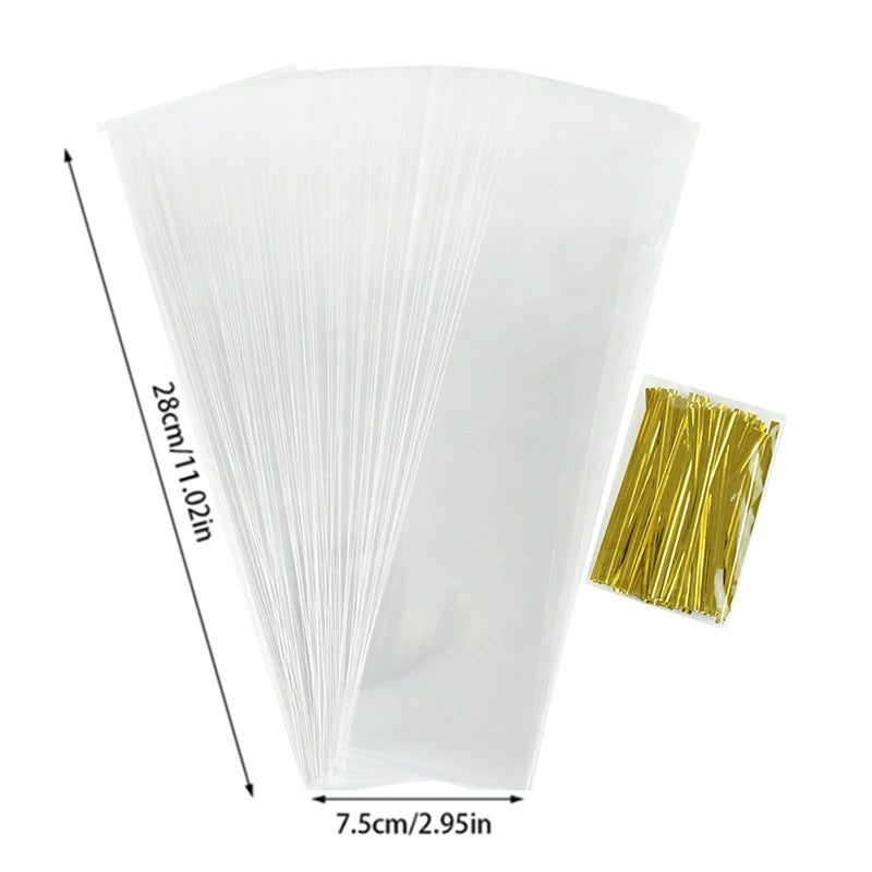A stack of clear cellophane gift bags, measuring 28cm long and 7.5cm wide, with a sample of gold foil bags beside them.