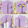 Purple spandex fitted arch backdrop decorations for birthday parties featuring balloons and floral accents