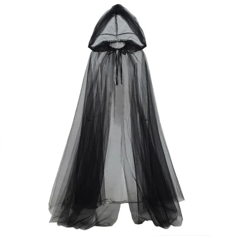 Elegante schwarze Braut-Hexe-Umhang mit Kapuze und durchscheinendem Stoff