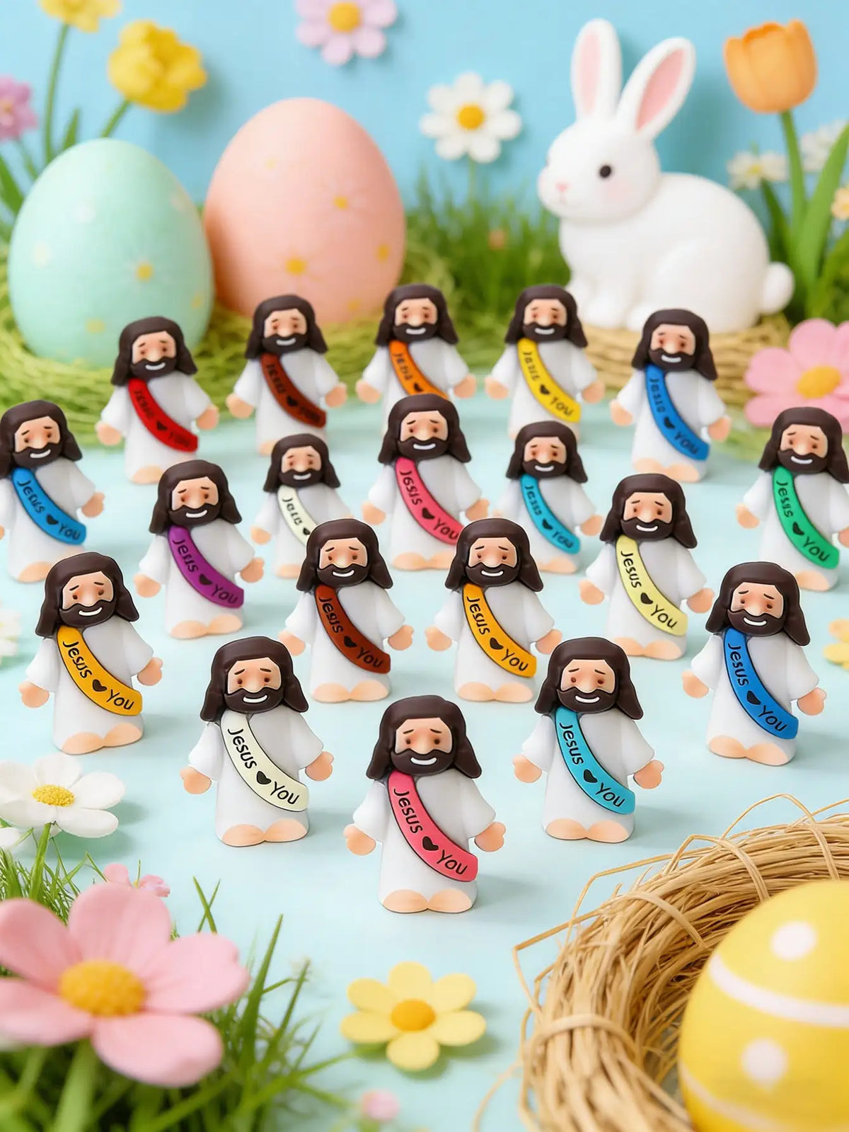 A collection of mini rubber Jesus figurines in white and pink, set against a spring-themed background with eggs and flowers.