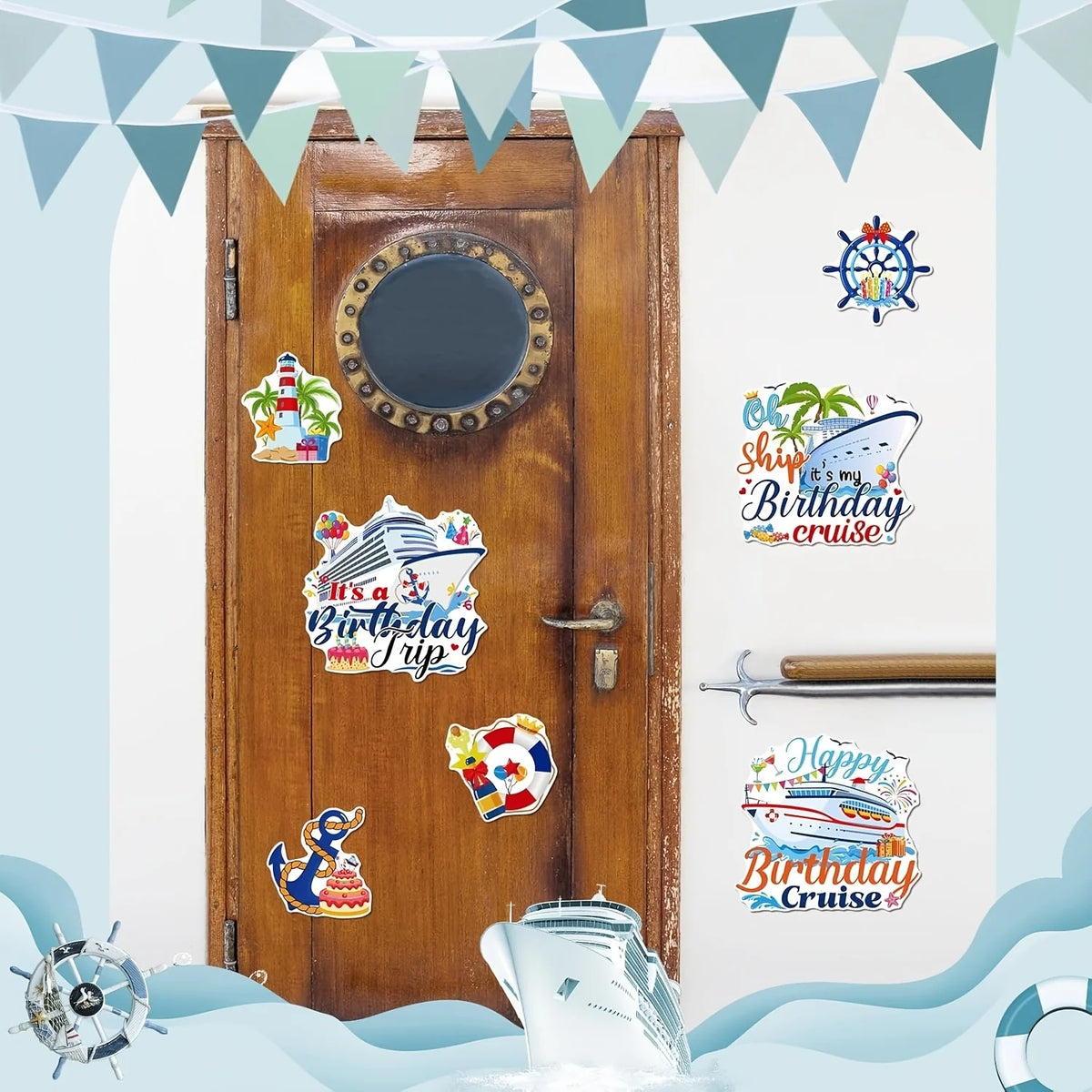 A set of seven decorative magnets featuring a birthday cruise theme displayed on a wooden door.