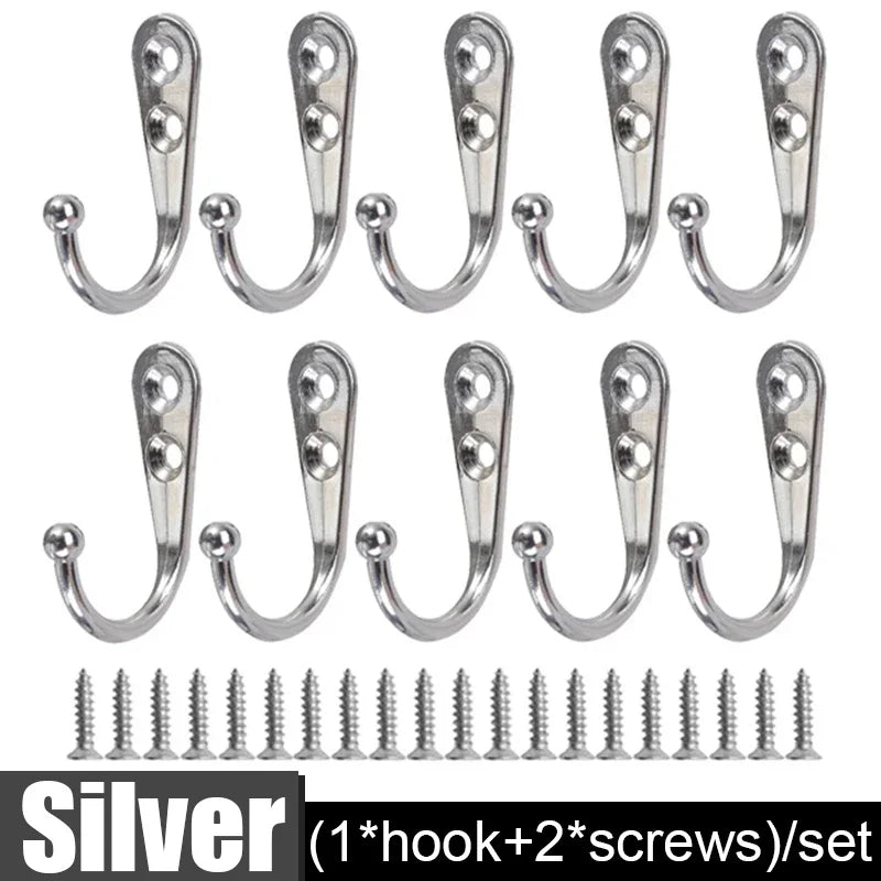 Silver aluminum wall-mounted hooks with screws sold as a set