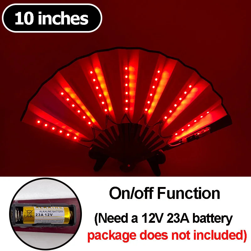A red multi-mode LED party fan with 10 inches of light, showing an on/off function.