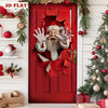 A festive red door banner featuring a vintage Santa face with a white beard and hands emerging from a cracked opening.