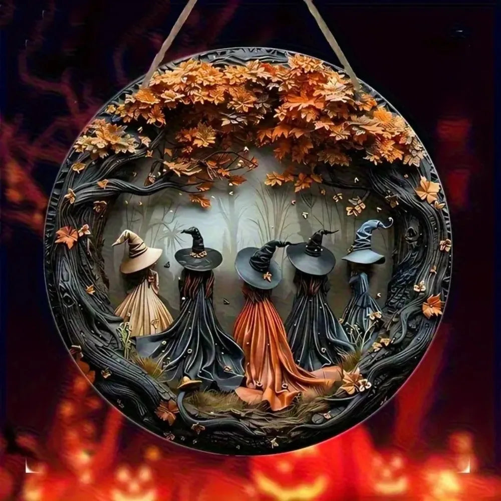 Circular wooden decor sign featuring witches and autumn leaves against a dark background.