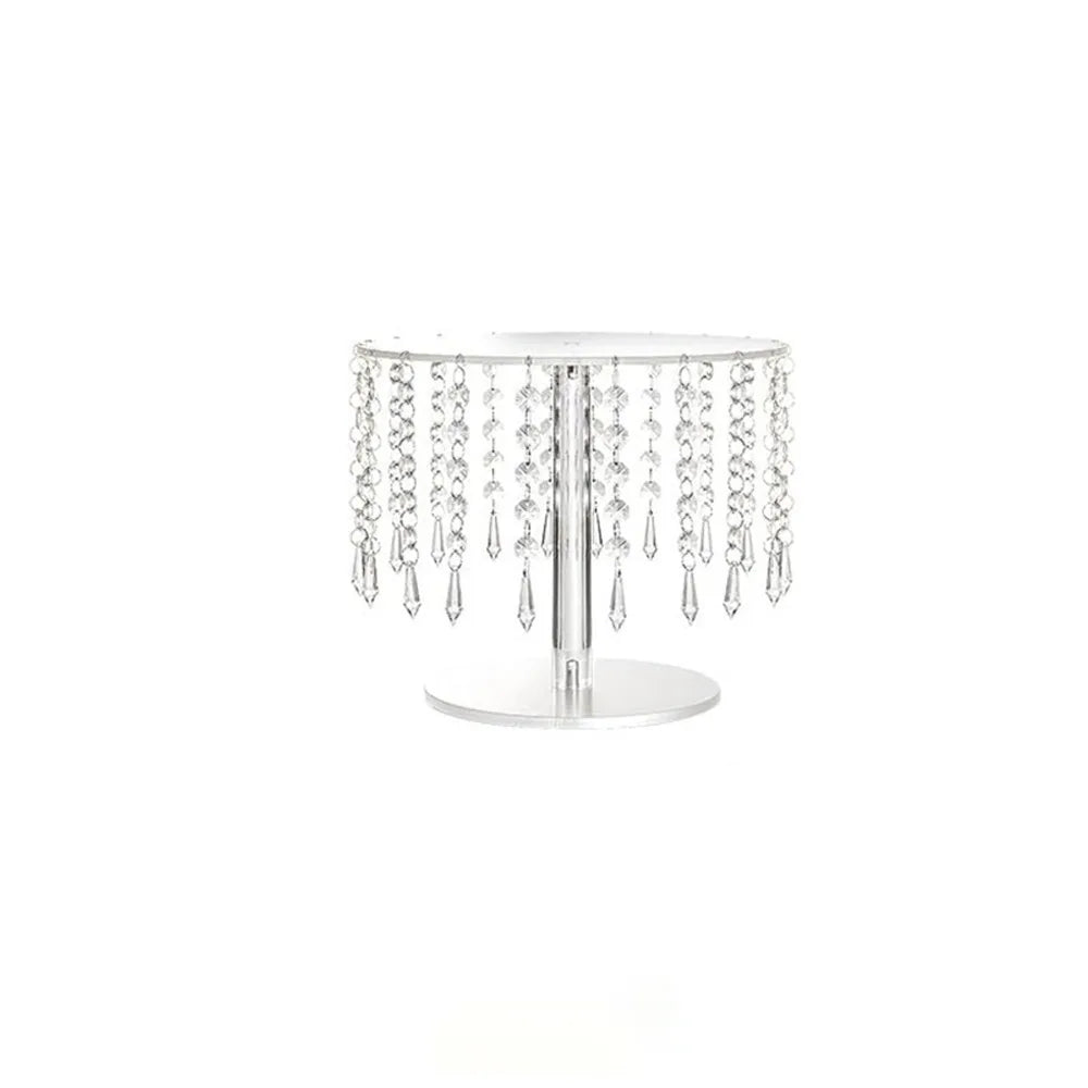 Elegant transparent acrylic cake display rack with multiple hanging crystal strands