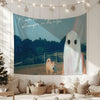 A tapestry featuring Phoebe Bridgers album art, depicting a ghostly figure in the Alps landscape.