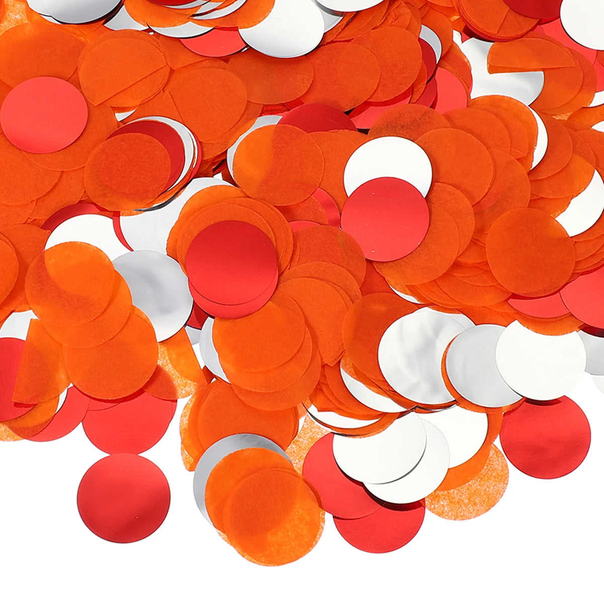 A close-up view of round tissue paper confetti dots in shades of orange and red against a white background.