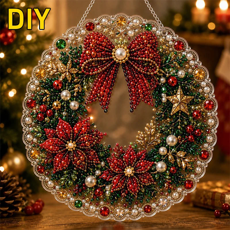 A detailed Christmas wreath made of red and green glitter, pearls, and gold accents, hanging from a metal chain.