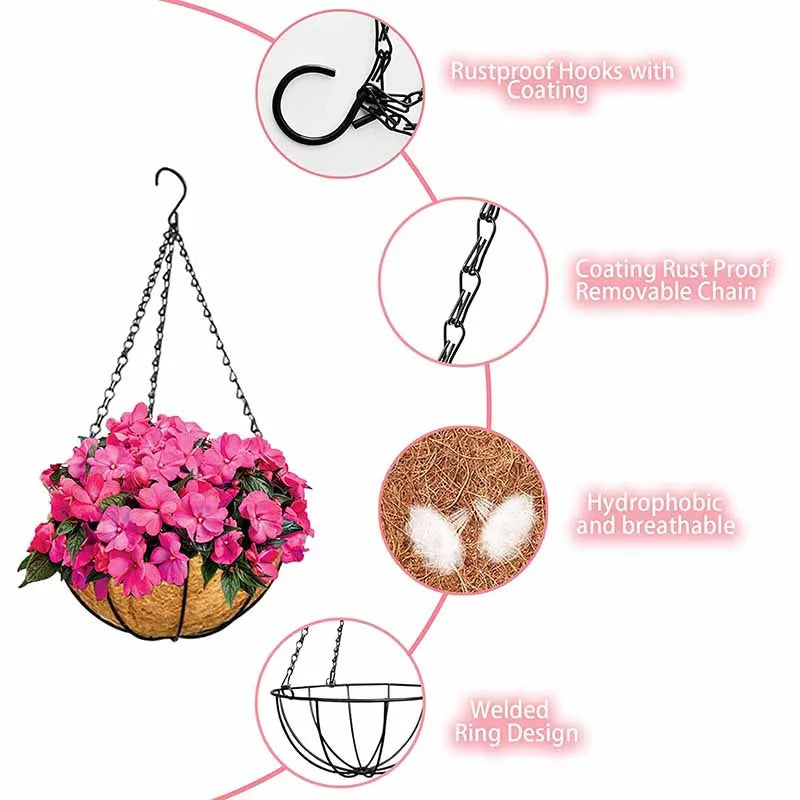 Metal hanging basket with a coconut liner featuring rustproof hooks, removable chain, and a welded ring design.