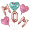 A set of six foil balloons including a heart-shaped balloon, a number zero balloon, and three letter balloons in pink and ros