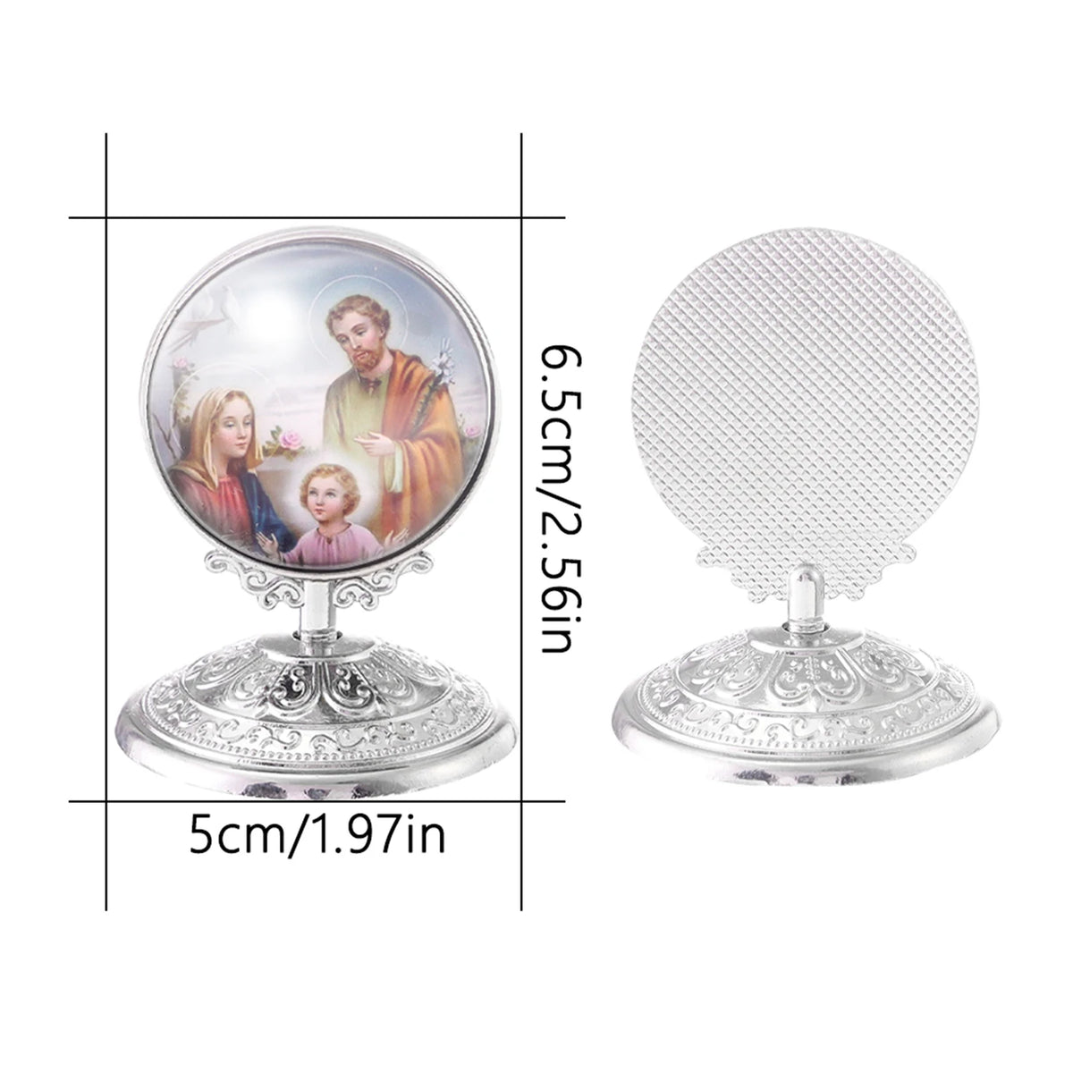 Silver-toned retro Catholic tabletop ornament featuring a painted religious figure on a clear glass disc.