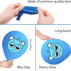 A blue latex balloon shaped like a face with a cartoon design, shown being held by hands.