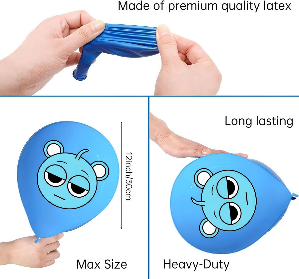 A blue latex balloon shaped like a face with a cartoon design, shown being held by hands.