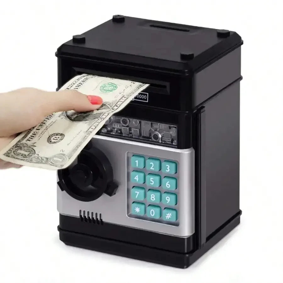 A hand places a stack of US dollar bills into a black coin money saver device.