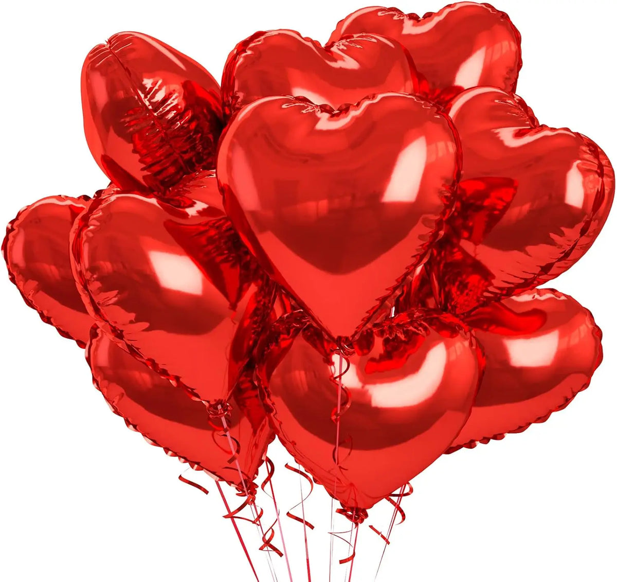 A bunch of shiny red heart-shaped foil balloons tied together for a celebration