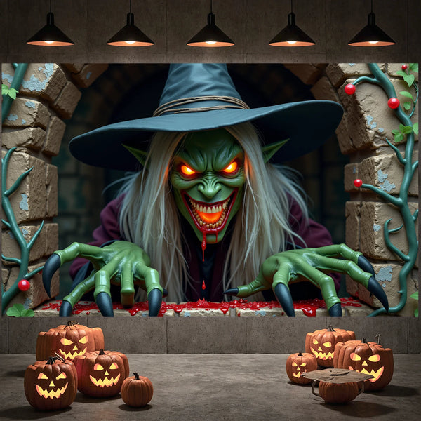 A terrifying green goblin figure wearing a wide-brimmed hat and long white hair is featured in a spooky Halloween door cover 