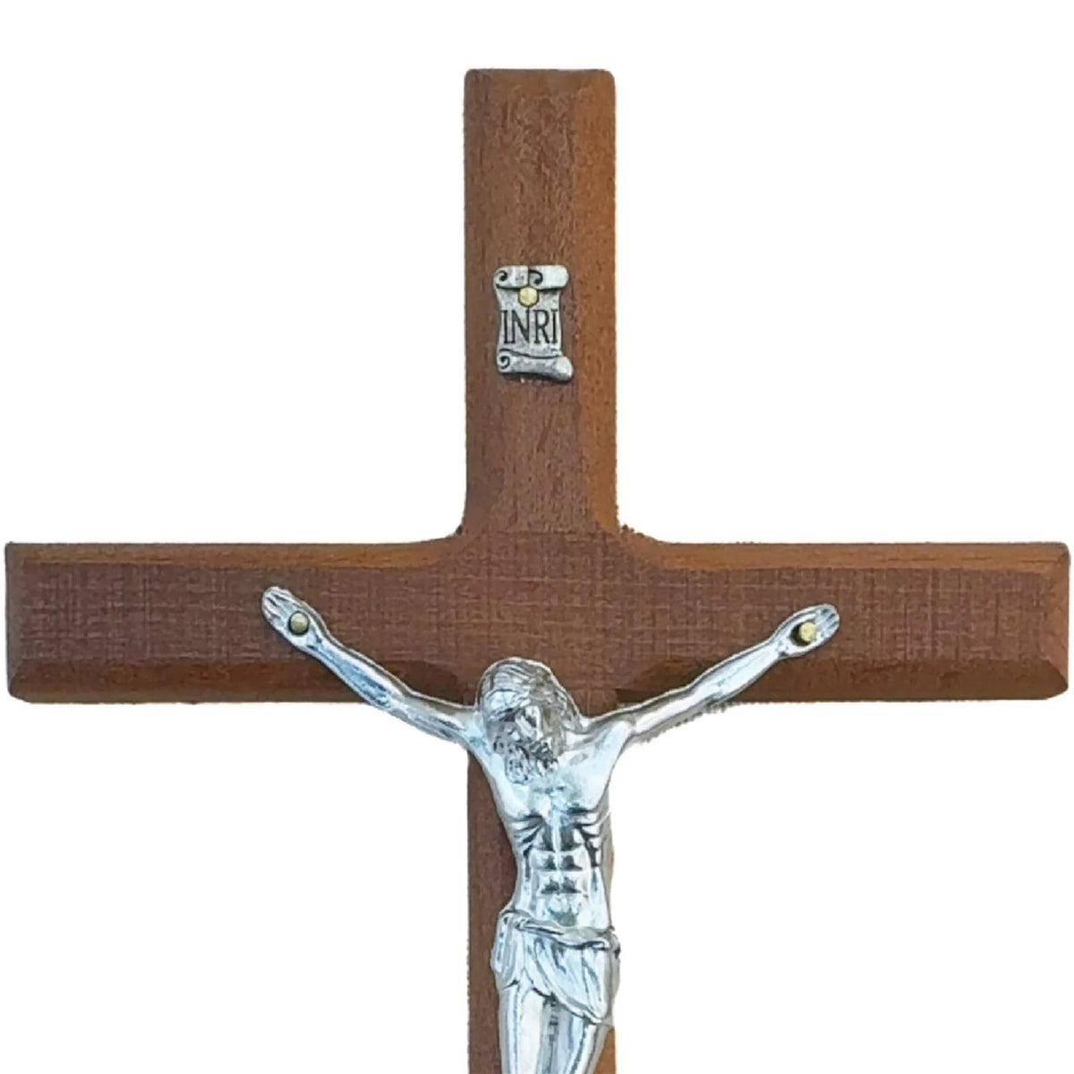 Hand carved wooden cross wall decor featuring a crucifix with an inscribed plaque.
